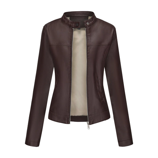 25 Spring & Fall New Arrival Casual Leather Clothing Female Fashion European and American Style Street European and American Code Stand Collar Jacket Cross-Border Motorcycle Clothing Outwear