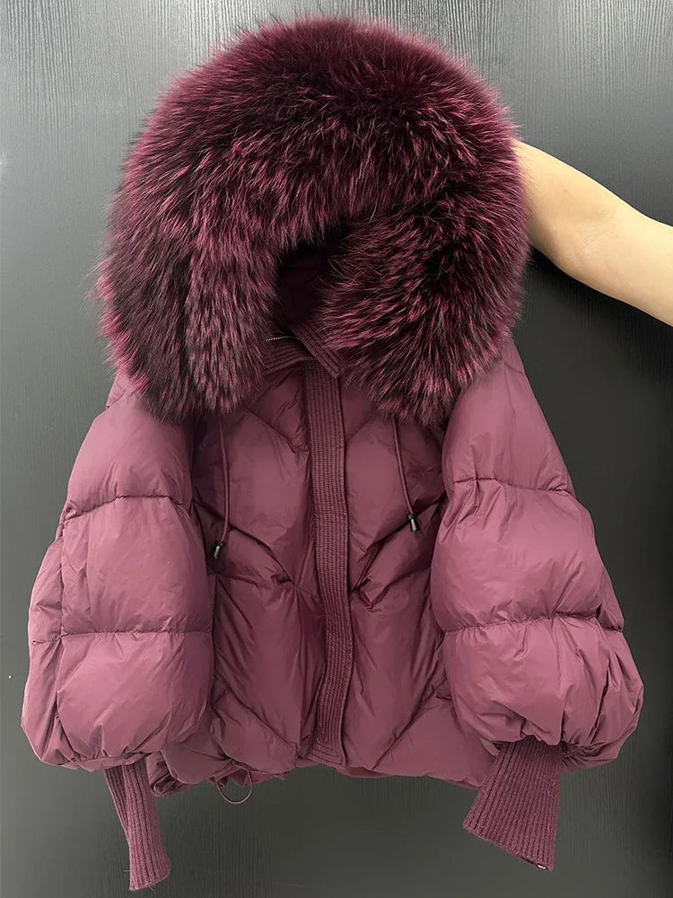 Down Coat New Winter Large Real Fur Hooded Puffer Jacket Women Thick Fox Fur Warm Knitted Sleeve White Duck Down Jacket Parka