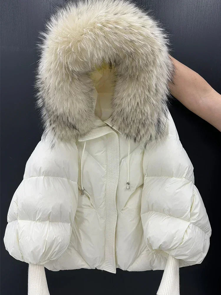 Down Coat New Winter Large Real Fur Hooded Puffer Jacket Women Thick Fox Fur Warm Knitted Sleeve White Duck Down Jacket Parka