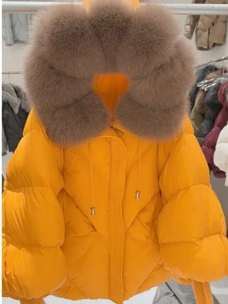 Down Coat New Winter Large Real Fur Hooded Puffer Jacket Women Thick Fox Fur Warm Knitted Sleeve White Duck Down Jacket Parka