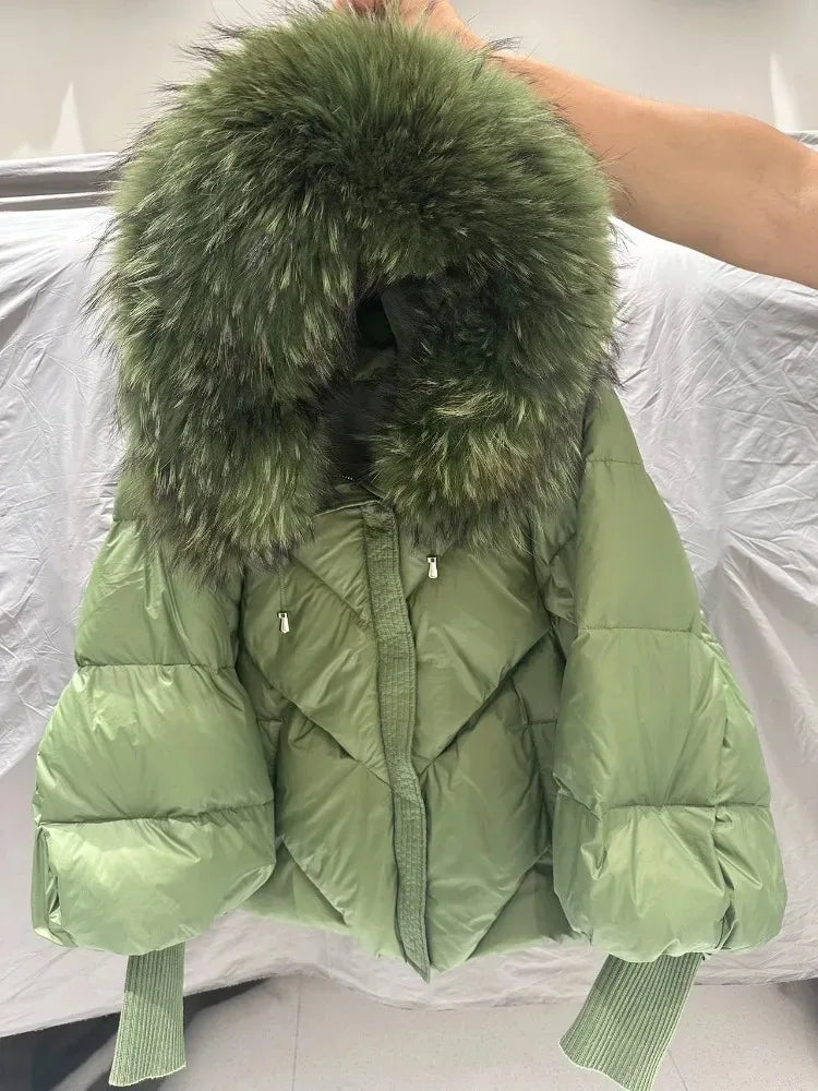 Down Coat New Winter Large Real Fur Hooded Puffer Jacket Women Thick Fox Fur Warm Knitted Sleeve White Duck Down Jacket Parka