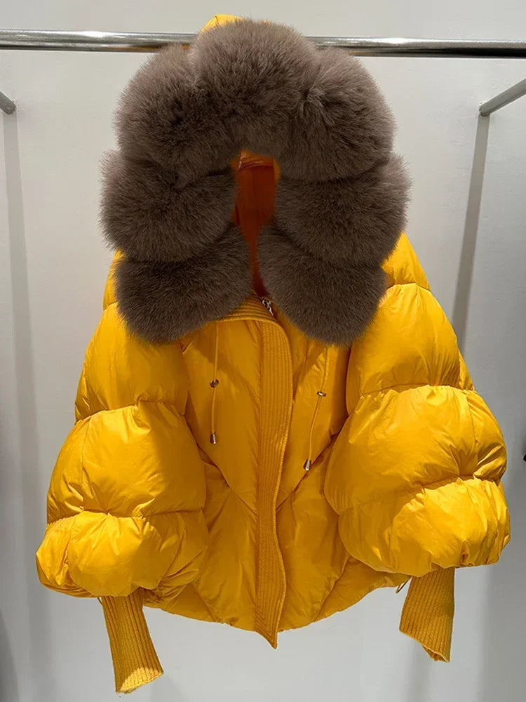 Down Coat New Winter Large Real Fur Hooded Puffer Jacket Women Thick Fox Fur Warm Knitted Sleeve White Duck Down Jacket Parka