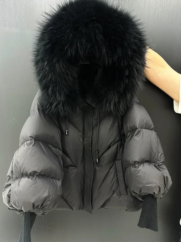 Down Coat New Winter Large Real Fur Hooded Puffer Jacket Women Thick Fox Fur Warm Knitted Sleeve White Duck Down Jacket Parka