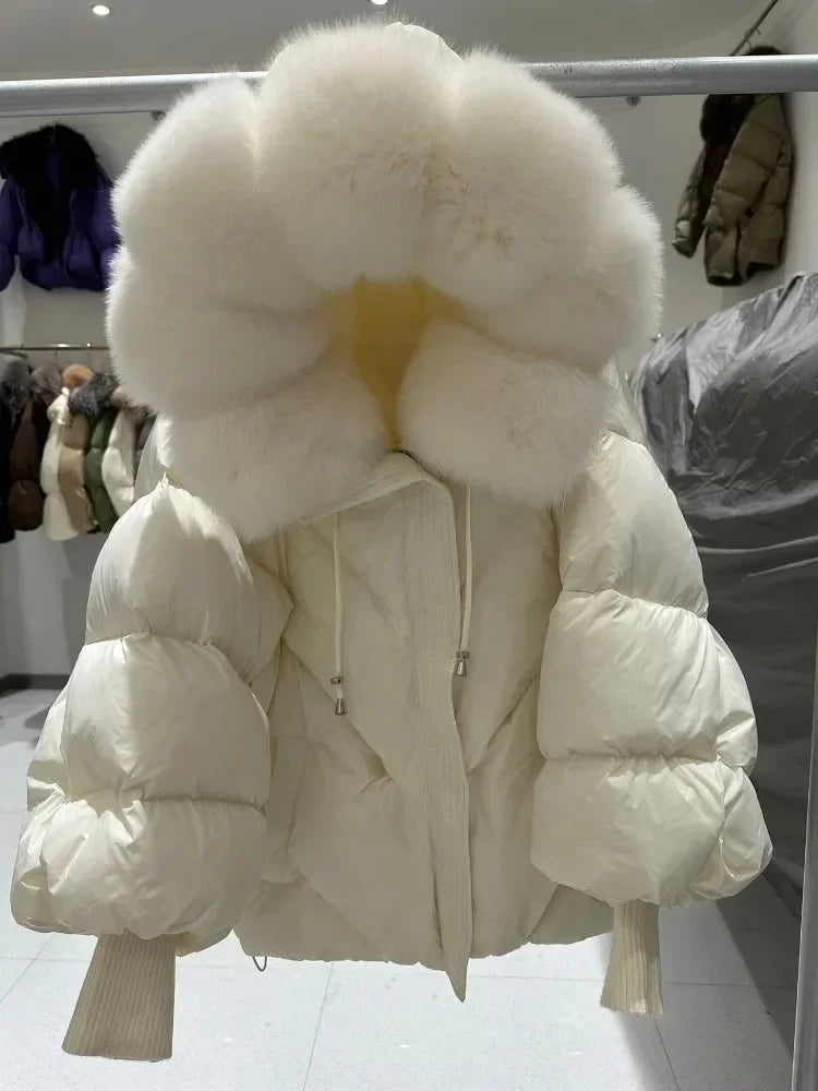 Down Coat New Winter Large Real Fur Hooded Puffer Jacket Women Thick Fox Fur Warm Knitted Sleeve White Duck Down Jacket Parka