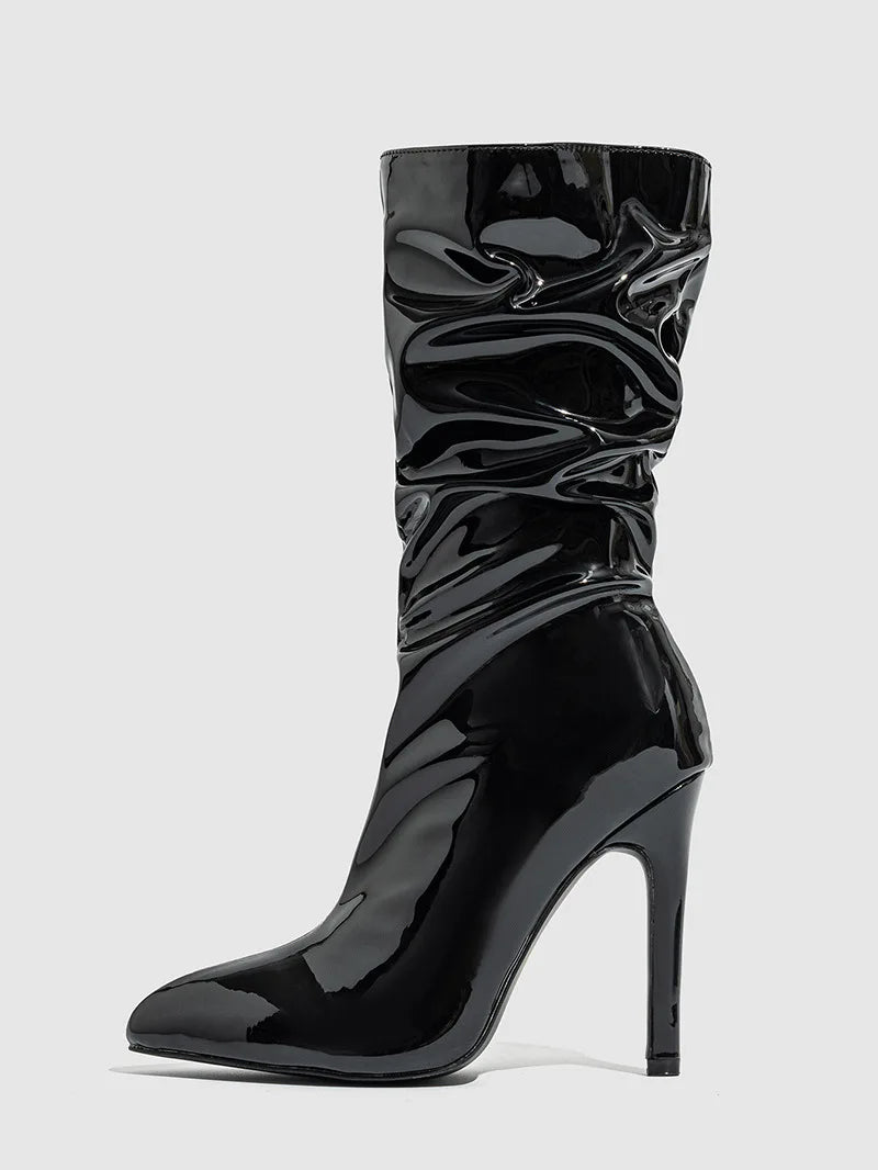 High-quality Pointed Toe Ladies Boots 11CM Stiletto Fashion Women Party Shoes Mid-Calf Boots Side Zipper Pleated High heels 42