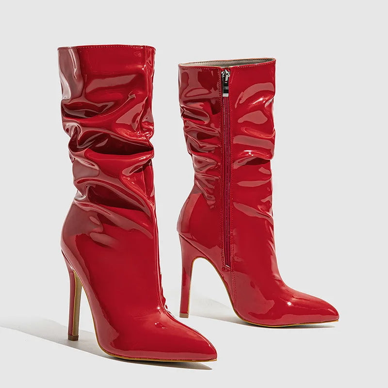 High-quality Pointed Toe Ladies Boots 11CM Stiletto Fashion Women Party Shoes Mid-Calf Boots Side Zipper Pleated High heels 42
