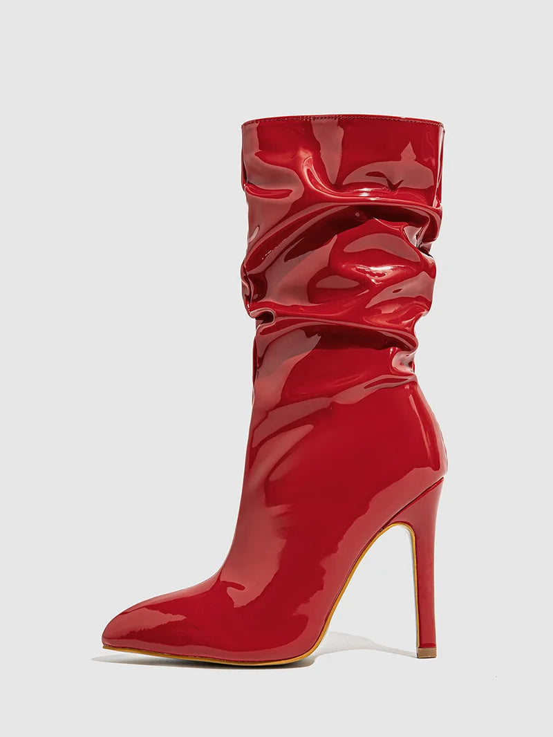 High-quality Pointed Toe Ladies Boots 11CM Stiletto Fashion Women Party Shoes Mid-Calf Boots Side Zipper Pleated High heels 42