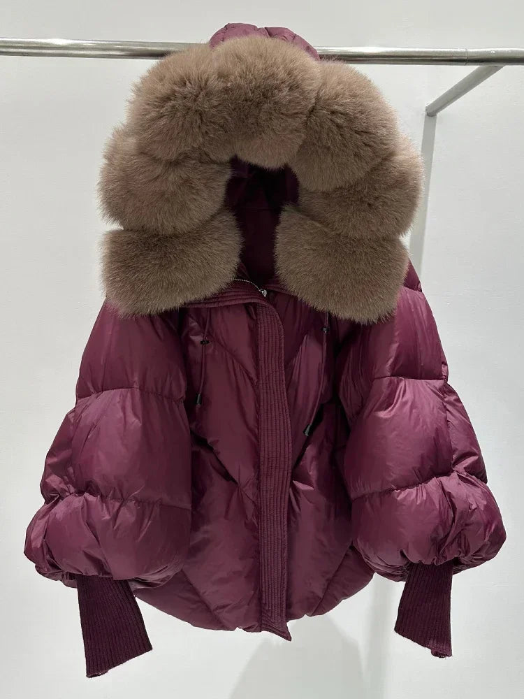 Down Coat New Winter Large Real Fur Hooded Puffer Jacket Women Thick Fox Fur Warm Knitted Sleeve White Duck Down Jacket Parka