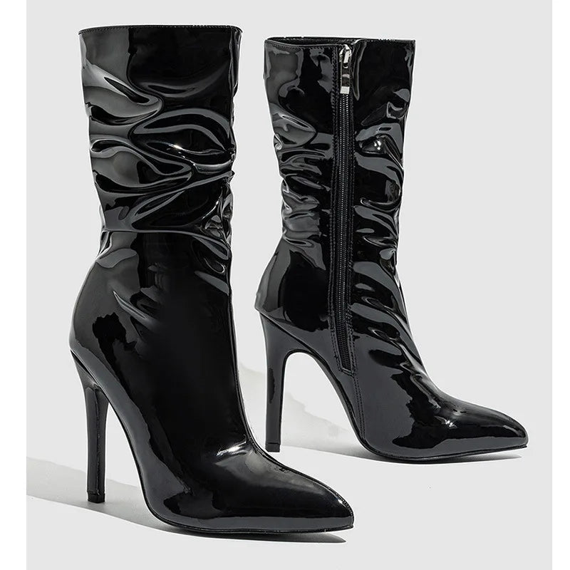 High-quality Pointed Toe Ladies Boots 11CM Stiletto Fashion Women Party Shoes Mid-Calf Boots Side Zipper Pleated High heels 42