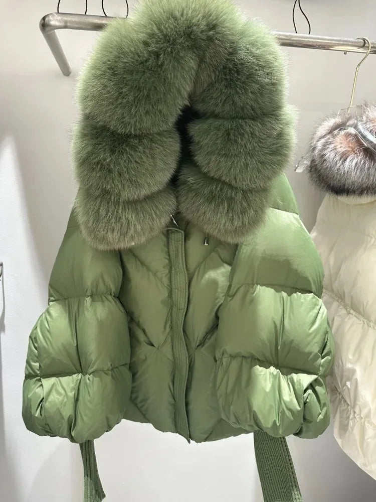 Down Coat New Winter Large Real Fur Hooded Puffer Jacket Women Thick Fox Fur Warm Knitted Sleeve White Duck Down Jacket Parka