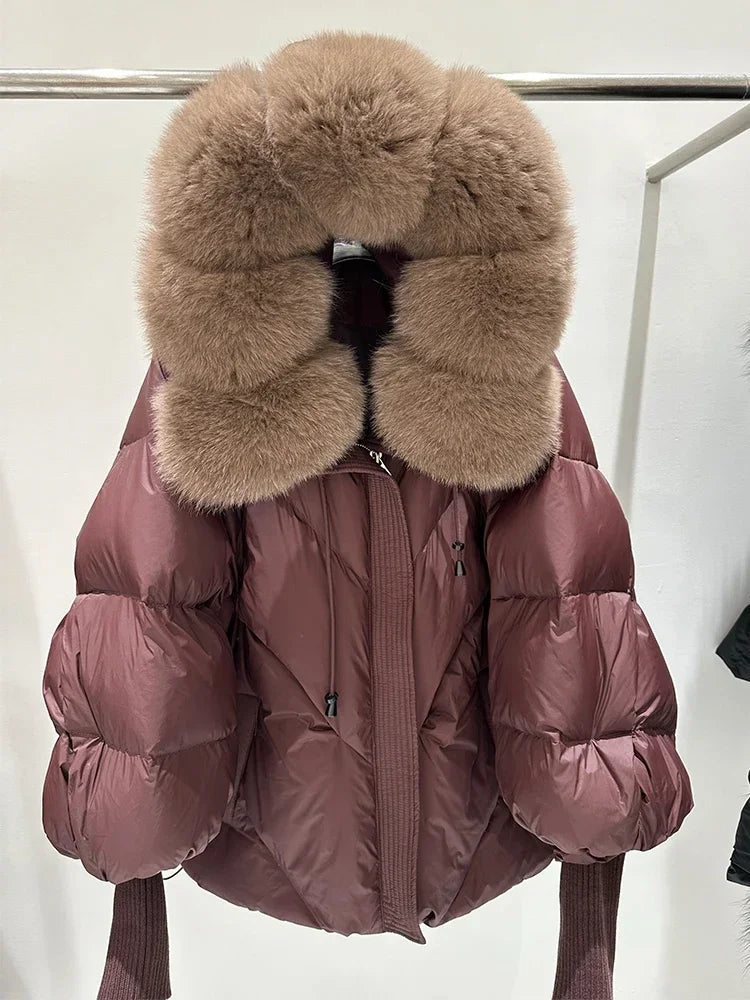 Down Coat New Winter Large Real Fur Hooded Puffer Jacket Women Thick Fox Fur Warm Knitted Sleeve White Duck Down Jacket Parka