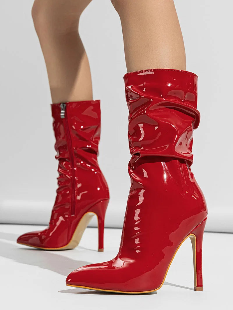 High-quality Pointed Toe Ladies Boots 11CM Stiletto Fashion Women Party Shoes Mid-Calf Boots Side Zipper Pleated High heels 42