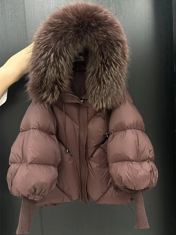 Down Coat New Winter Large Real Fur Hooded Puffer Jacket Women Thick Fox Fur Warm Knitted Sleeve White Duck Down Jacket Parka